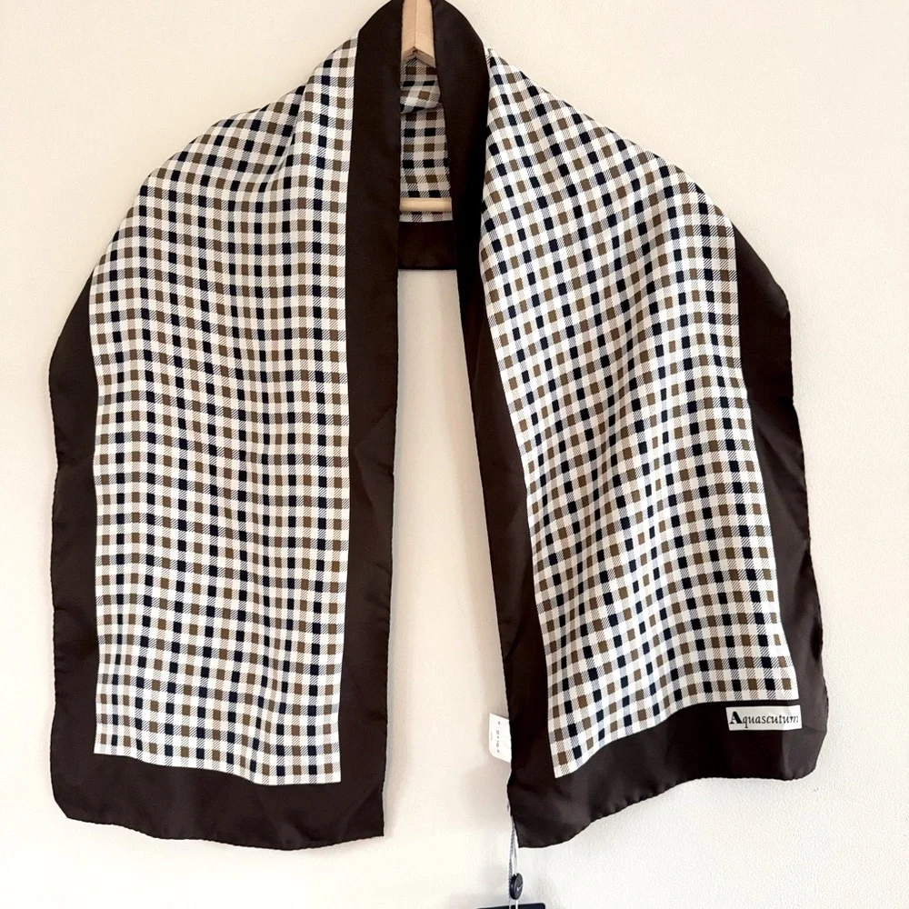 NWT Aquascutum London Silk Club Check‎ Scarf Brown Navy Cream